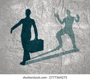 Difference between energy and mood level. Businessman in two versions tired and active. Ready to work and burnout comparison. Businessman walking with briefcase and casting shadow of zombie.