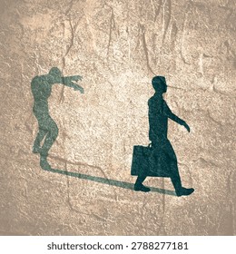 Difference between energy and mood level. Businessman in two versions tired and active. Ready to work and burnout comparison. Businessman walking with briefcase and casting shadow of zombie.