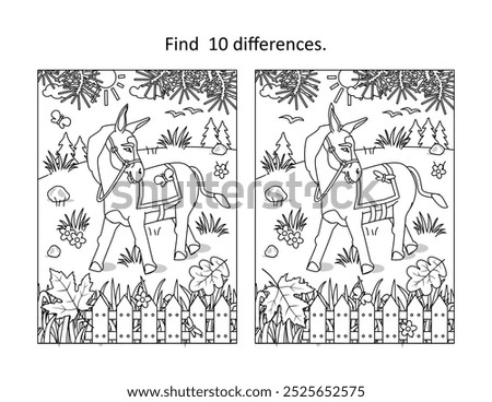 Difference game with donkey or burro. Spot 10 differences picture puzzle and coloring page activity .
