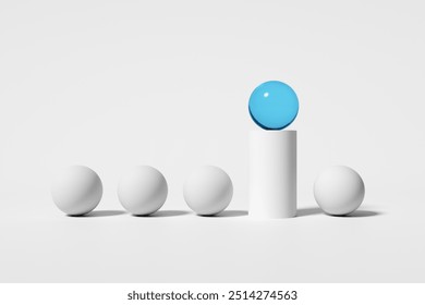 Difference, standing out from the crowd, winner individuality or unique. Blue sphere is standing out from a crowd of white spheres by being placed on a white podium. 3D render