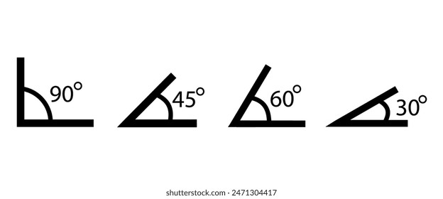 Different angle icons set. Abstract math degree collection of geometric angles, simple black line various signs for learning mathematics, geometry and trigonometry