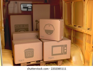 Different Appliance Boxes Set In The Back Of A Minibus Delivery Concept 3d Illustration 