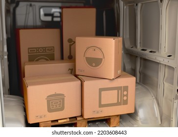 Different Appliance Boxes Set In The Back Of A Minibus Delivery Concept 3d Illustration 