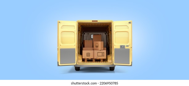 Different Appliance Boxes Set In The Back Of A Minibus Delivery Concept 3d Illustration  On Blue Background