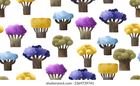 different baobab trees with colored crowns. Cute childish seamless design wirh fairy nature elements, clipart. Endless design