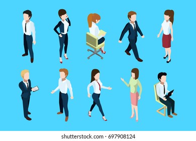 Different Business Peoples Standing And Sitting In Office Interior. 3d Isometric People Woman And Businessman Illustration