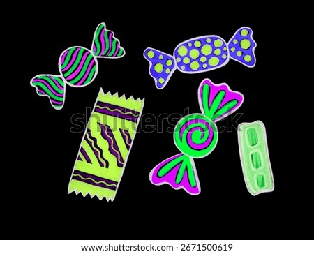 Different candies are round and rectangular. Wrappers have bright colored patterns. Isolated on black background. Green, blue, purple colors. Wrapped are fill geometric ornament. Lines, waves and dots