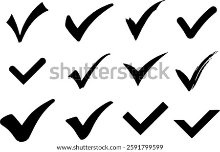 Different Check mark right or correct icons. Different style and shape checklist designs. Check-mark for voting, approval, selection, business, office, poster, and web designs.