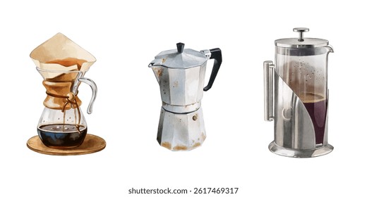 Different coffee brewing methods displayed on a white surface, showcasing unique designs and styles of each coffee maker