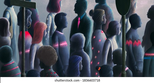 different crowd in the city, people concept, surreal artwork, conceptual art ,lonely in town illustration