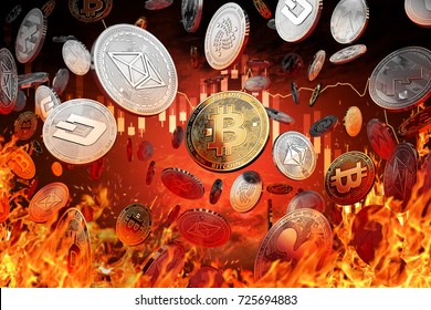 Different cryptocurrency coins are falling into the fire. Decline or market crash concept. 3D rendering