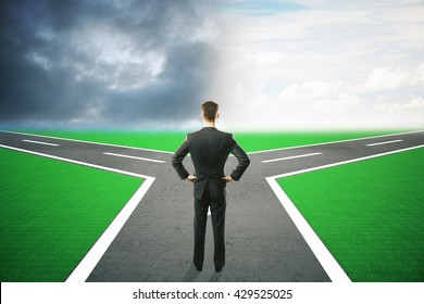 Different Direction Concept With Businessman Choosing Between Different Roads Under Dull And Bright Skies. 3D Rendering