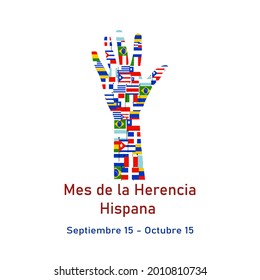 Different Flags of America on silhouette people hand. Cultural and ethnic diversity. Mes Nacional de la Herencia Hispana, Hispanic heritage month. spanish text lettering.
