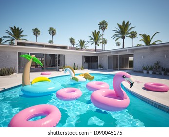 A Lot Of Different Floats In A Pool. 3D Rendering