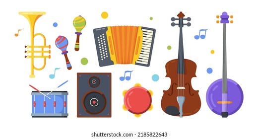 Different Folk Musical Instruments Flat Illustrations Set. Violin, Banjo, Trumpet And Accordion. Tambourine, Drum, Maracas. String And Percussion Music Equipment Isolated On White Background