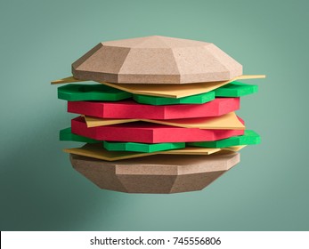 Different Food From Cardboard  On Blue Background. Cartoon Food Product Packaging. 3D Model Render