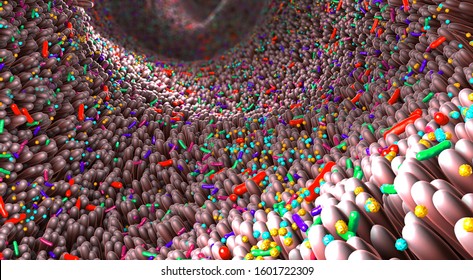 Different germs in the human intestines called microbiome - 3d illustration