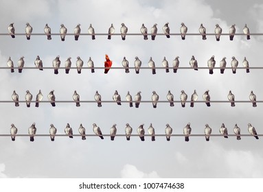 Different Individual creative thinking and individuality concept or racism idea as a group of birds on a wire with a red character with 3D illustration elements.