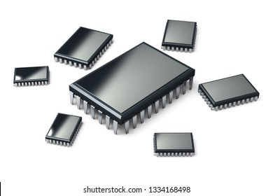 Different microchips isolated on white background. High resolution 3d render. Family of microchips. Generation of processors.