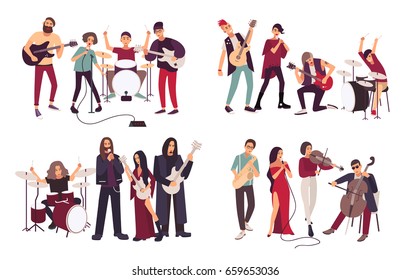 Different musical bands. Indie, metal, punk rock, jazz, cabaret. Young artists, musicians singing and playing music instruments. Colorful flat illustration set - Powered by Shutterstock