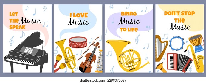 Different musical instruments posters. classical, jazz concert elements, orchestral attributes, piano, violin, saxophone, vector cards set - Powered by Shutterstock