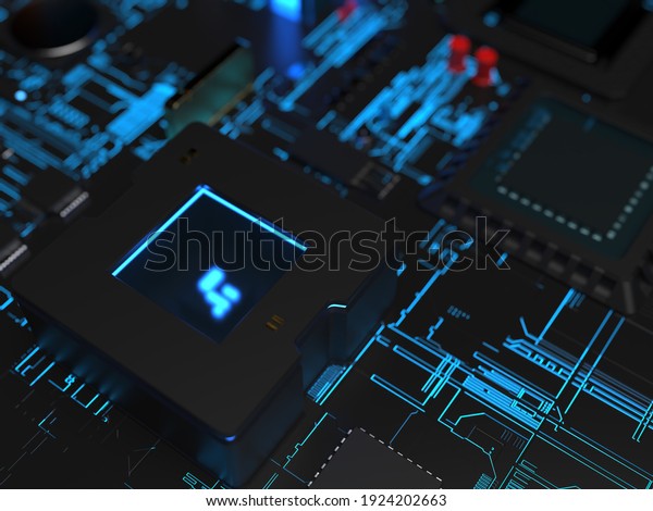 different parts of the\
computer chips and transistors in blue backlight. 3d render on the\
topic of\
technology