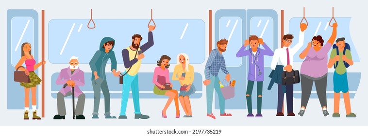 Different Passengers Inside Crowded Subway Train. Male And Female Characters Using Public Transport. Flat Art  Illustration