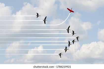 Different Path Business Concept As An Independent Free Thinker Idea Breaking Out Of An Organized Formation With One Individual Bird Setting A New Course In A 3D Illustration Style.