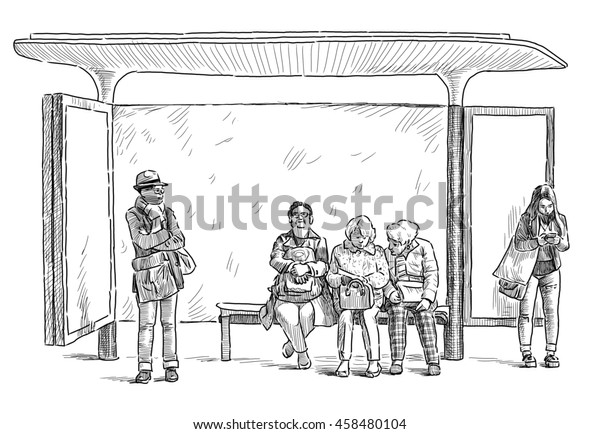 Different People On Bus Stop のイラスト素材