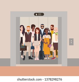 Different people standing in elevator with open doors. Group of various men and women waiting inside lift stopped on floor of building. Bright colored cartoon illustration in flat style