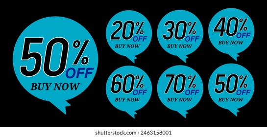 Different percent discount sticker discount price tag set. Red round speech bubble shape promote buy now with sell off up to 20, 30, 40, 50, 60, 70, 80 percentage vector illustration isolated on black