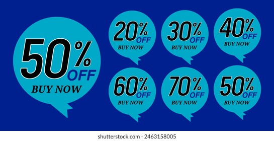 Different percent discount sticker discount price tag set. Red round speech bubble shape promote buy now with sell off up to 20, 30, 40, 50, 60, 70, 80 percentage vector illustration isolated on black