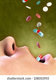 Different pills falling into an open mouth. Digital illustration.