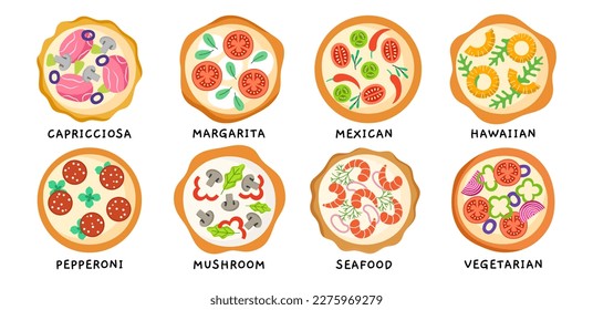 Different pizza types. Various popular Italian recipes, dough with vegetables, cheese and tomatoes, margherita and pepperoni, vector set.jpg - Powered by Shutterstock