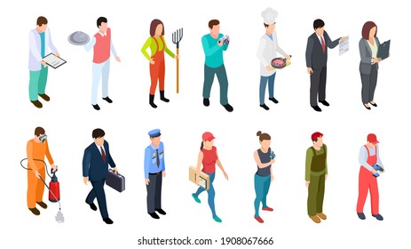 Different Professions. Isometric Professionals Collection. 3D People Doctor Policeman Businessman Builder Military Waiter Cook