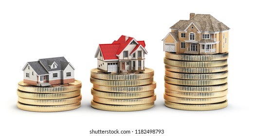Different size houses with different value on stacks of coins. Concept for property, mortgage and real estate investment.  3d illustration