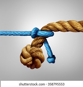 Different Sized Partnership Concept As A Thin Blue Cord Pulling On A Very Thick Rope As A Metaphor For Small And Big Business Cooperation Or Unity With Diversity.