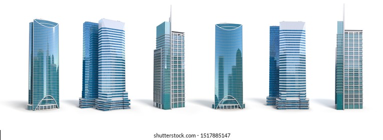 Different skyscraper buildings isolated on white. 3d illustration