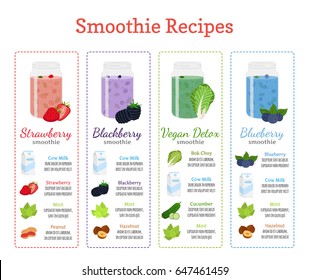 Different Smoothie Recipes - Berries, Detox, Milk, Healthy Drinks. Mint, Cucumber, Bok Choy, Strawberry, Blackberry, Blueberry, Peanut, Hazelnut In Recipes. Made In Cartoon Flat Style.