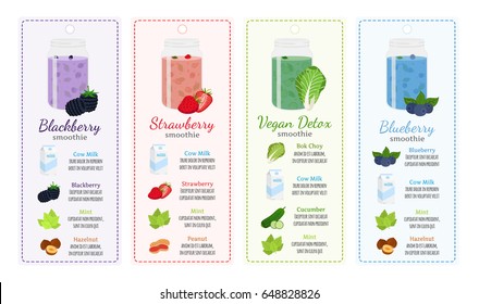 Different Smoothie Recipes, Labels - Berries, Detox, Milk, Healthy Drinks. Mint, Cucumber, Bok Choy, Strawberry, Blackberry, Blueberry, Peanut, Hazelnut In Recipes. Made In Cartoon Flat Style.