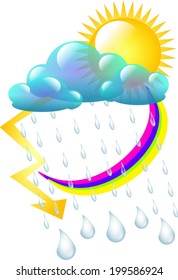 Different status of weather - sun, clouds, rainbow, rain and lightning in one