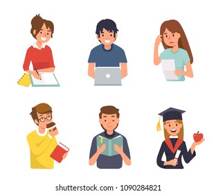 Different student characters. Flat style illustration isolated on white background.