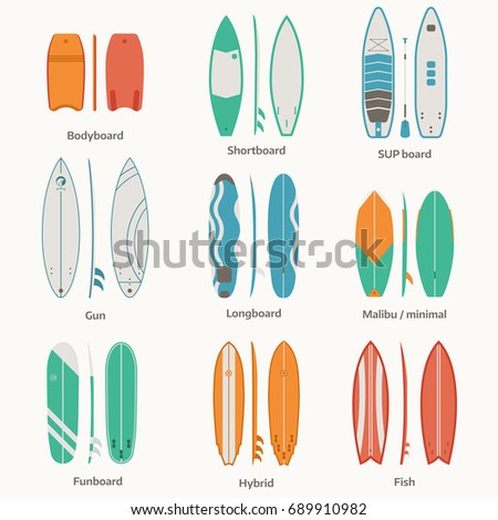 Different surfboard types collection. Flat design various surf desk set. Surfing desks and boards. Various colors and styles. Surfdesks isolated on white background. Shortboard, longboard and more.