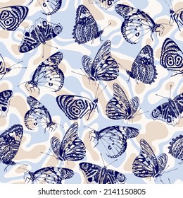 A Different Take On Butterfly Print With Sketchy Look In Cool Color Palette.