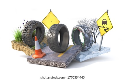 Different Tires. Winter, Summer And Offroad Wheels On The Pieces Of Ground. 3d Illustration