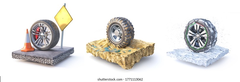 Different Tires. Winter, Summer And Offroad Wheels On The Pieces Of Ground. 3d Illustration