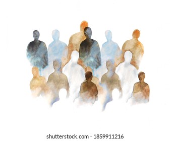 Different but together. Illusraton collage concept. Group of people isolated on white background. Diversity and social togetherness idea hand drawn on paper.