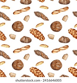Different type of baguette and rye bread watercolor seamless pattern isolated on white. Hand drawn loaf. Painted challah. Illustration of bread. Element for design bakery, package, paper wrapping