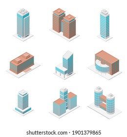 Different Types Office Building 3d Icons Set Isometric View Modern Exterior. Illustration Of Public Architecture In City