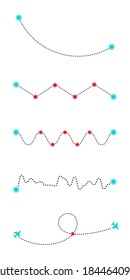 Different Types Of Route Lines. Straight And Wavy Flight Path Set. Dotted Line With Points. Illustration.